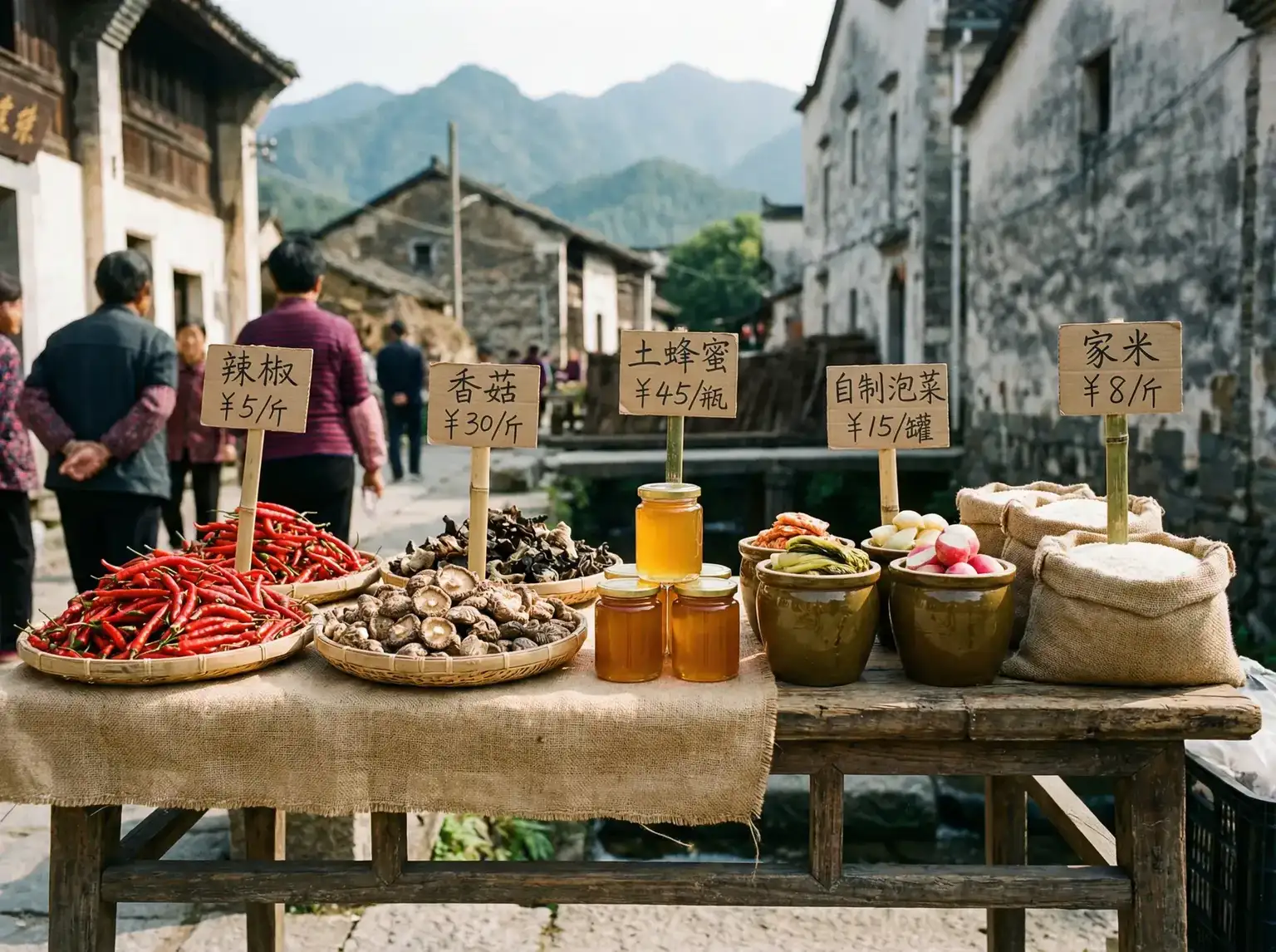 乡村集市上的辣椒香菇蜂蜜等土特产 - 老汉推车- 农产品