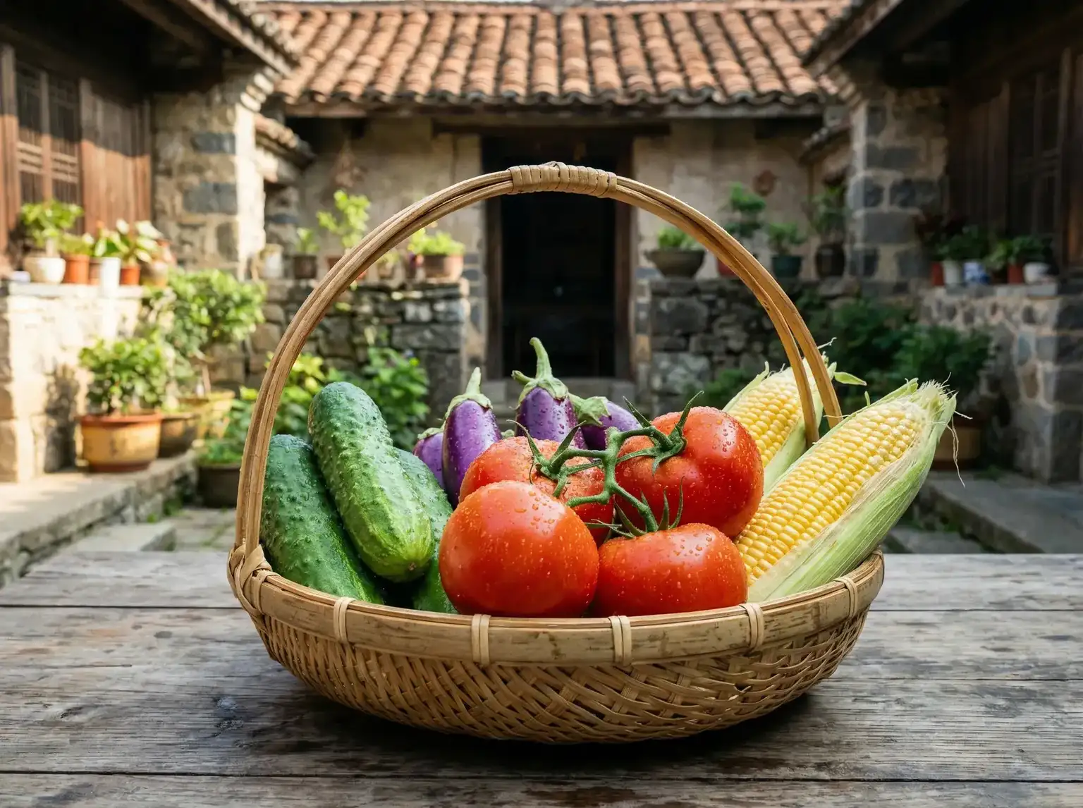竹篮里的新鲜蔬菜番茄黄瓜玉米 - 老汉推车- 有机蔬菜